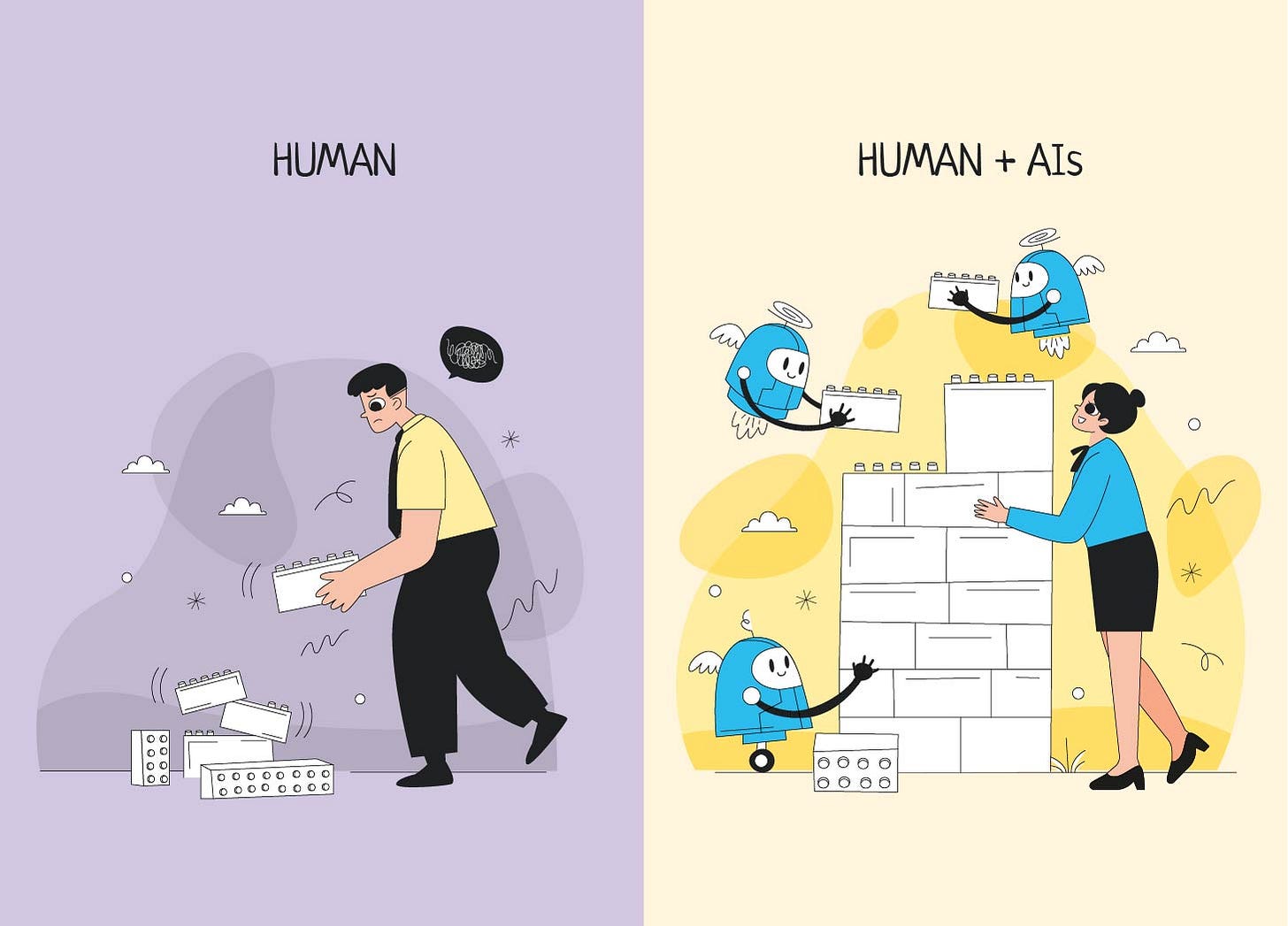 Image split in two halves - first half shows a man building a tower with lego blocks, the second half shows a woman building towers with lego blocks with the help of AI