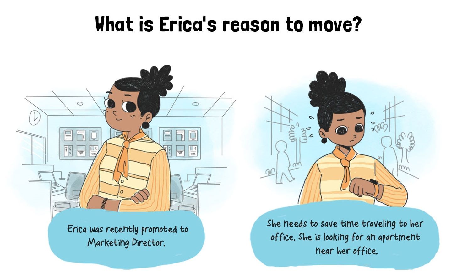 	What is erica’s reason to move? Erica on left who was recently promoted to marketing director and erica on right who needs to save time traveling to her office which is why she is looking for an apartment near her office.